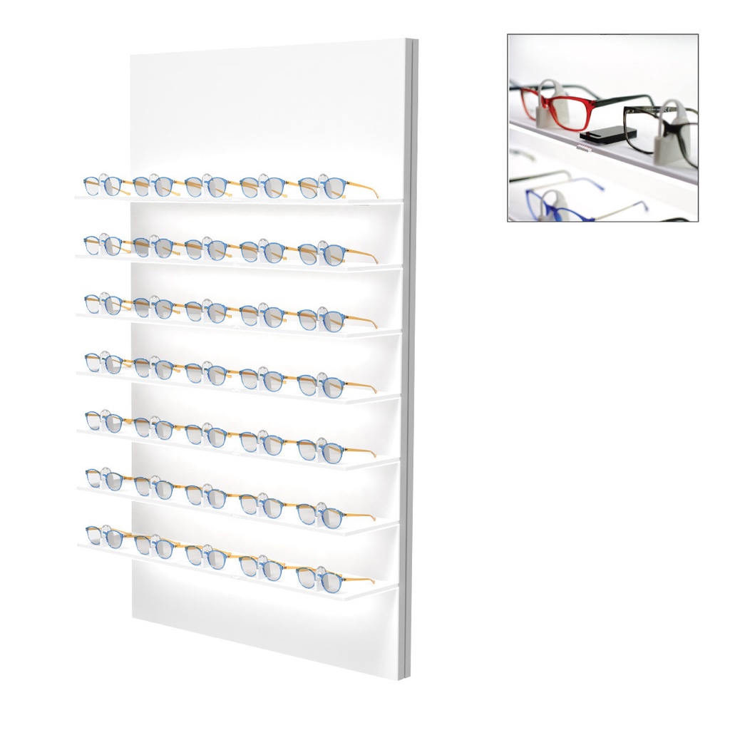 Unilock wall display, 7 LED shelves, lockable frame holders | Presenta Nova